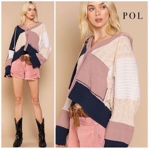 ONLY 1 LEFT! POL Color Block Hoodie Cardigan Sweater Dusty Rose Navy
